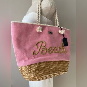 Freestyle large beach tote pink canvas, rope strap, gold trim